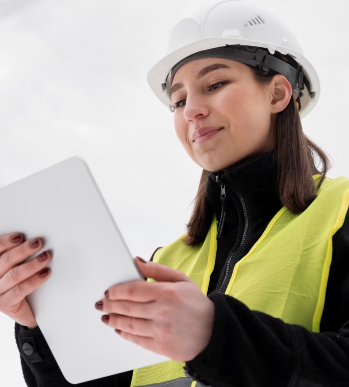 Personne portant un casque blanc et un gilet haute visibilité consultant une tablette.