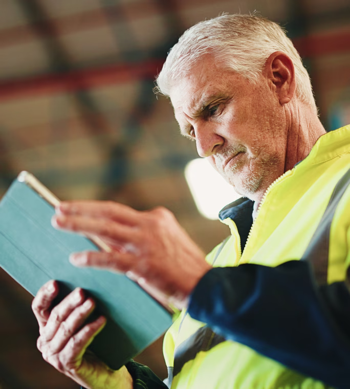 Personne en tenue haute visibilité consultant une tablette dans un environnement industriel.