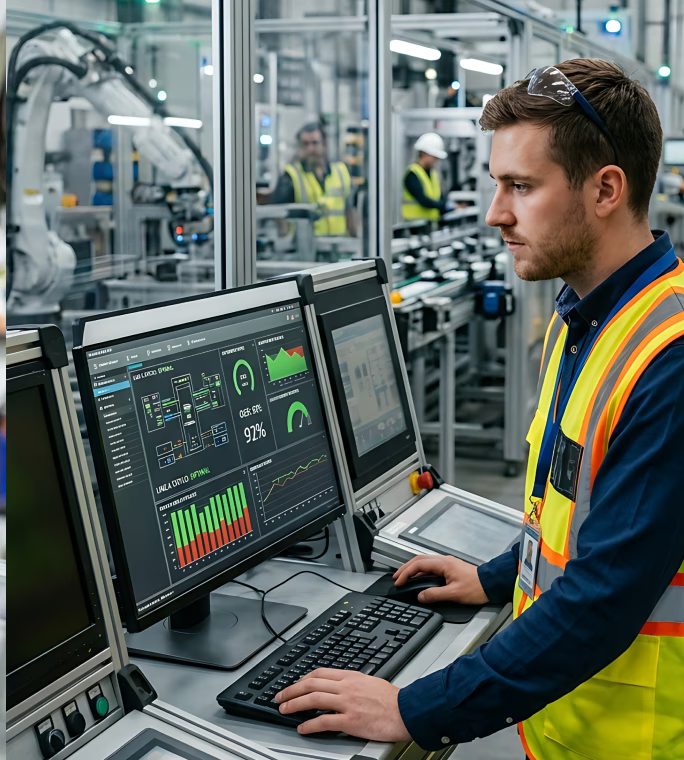 Personne en tenue haute visibilité utilisant le pupitre de commande d’une machine industrielle.