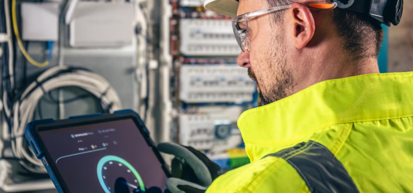 Technicien consultant des indicateurs sur une tablette devant des équipements industriels 