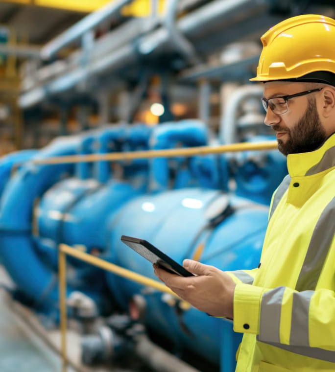Opérateur consultant les données de production sur une tablette dans un atelier industriel
